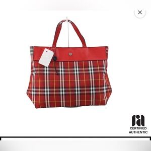 Burberry Nova Check tote bag with red leather trim.